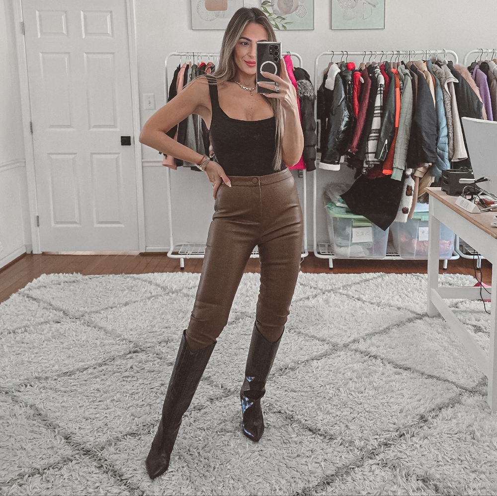 Zara brown faux leather high waist slim pants size S - Picture 1 of 9